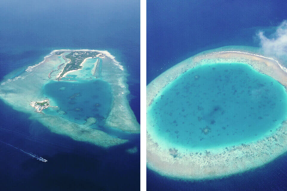 Atolls are ring-shaped coral reefs that encircle a lagoon